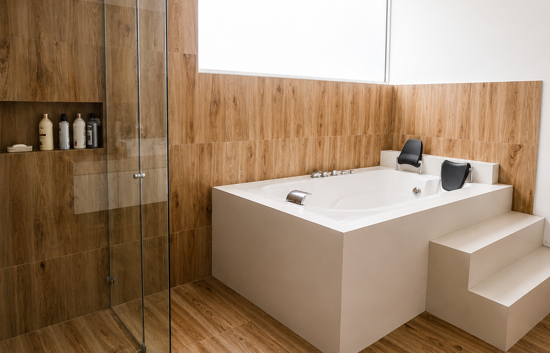 Baño con ducha y tina. Casa de campo Las Praderas